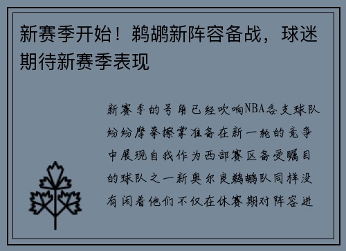 新赛季开始！鹈鹕新阵容备战，球迷期待新赛季表现